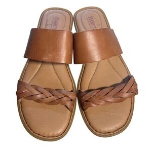 Born Womens 7 Tan Brown Leather Braided Slide Sandals Comfort Flat Shoes boho